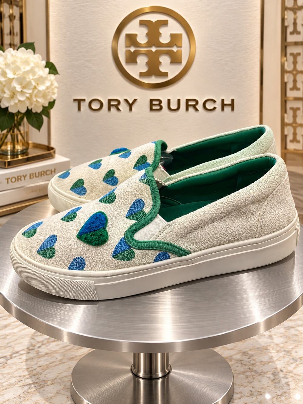 Tory Sport Tory Burch Blue Green Heart Print Slip On Sneakers Size 7.5
